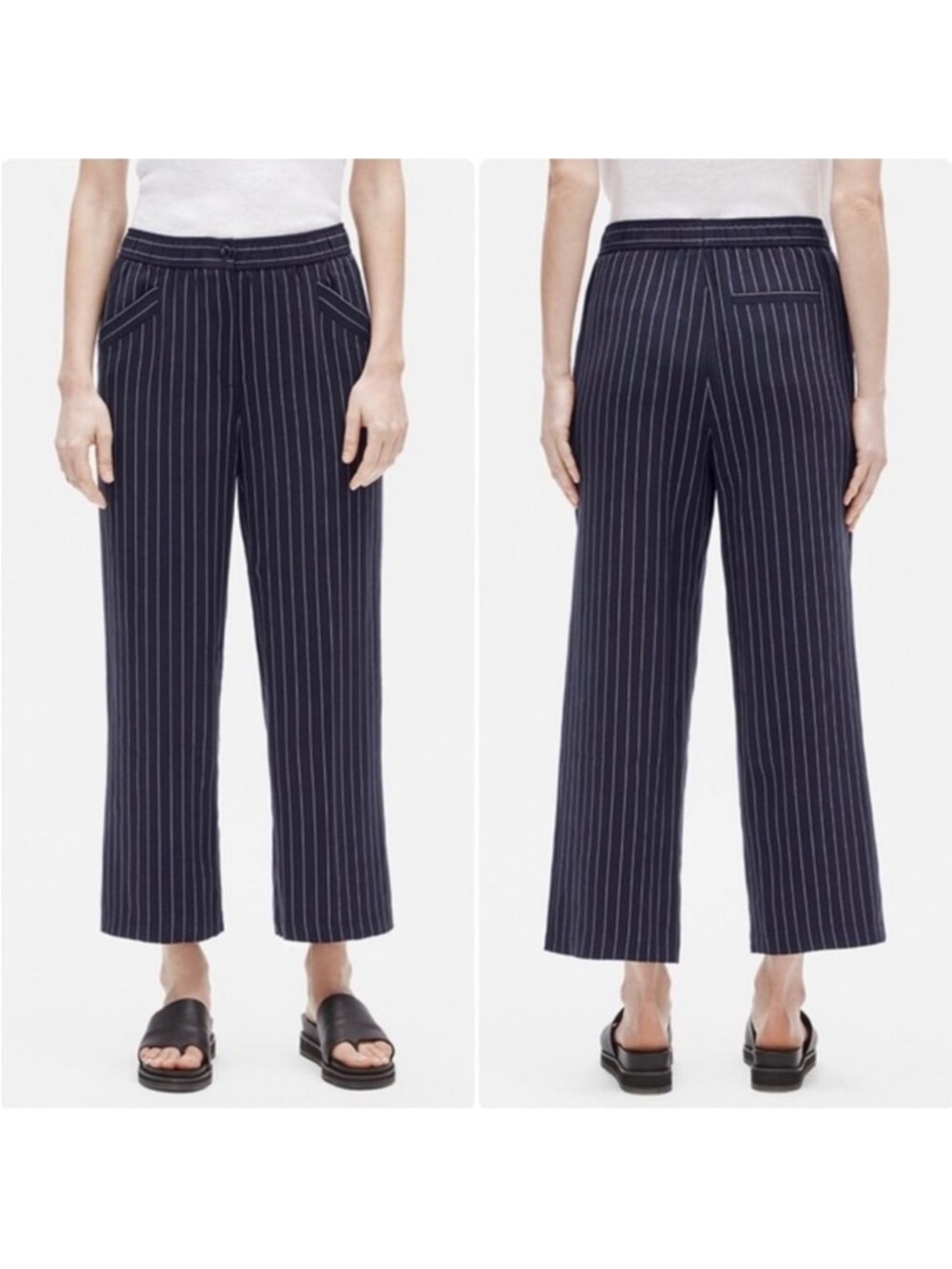 Eileen Fisher Navy Pinstripe Wide Leg Crop Pants Stretch Waist Tencel XS